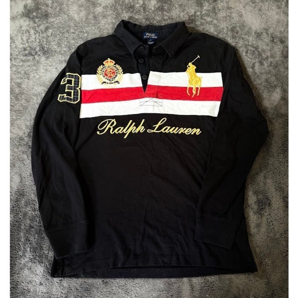 Polo Ralph Lauren Boys Large 14-16 Black Big Pony Long Sleeve Rugby Shirt